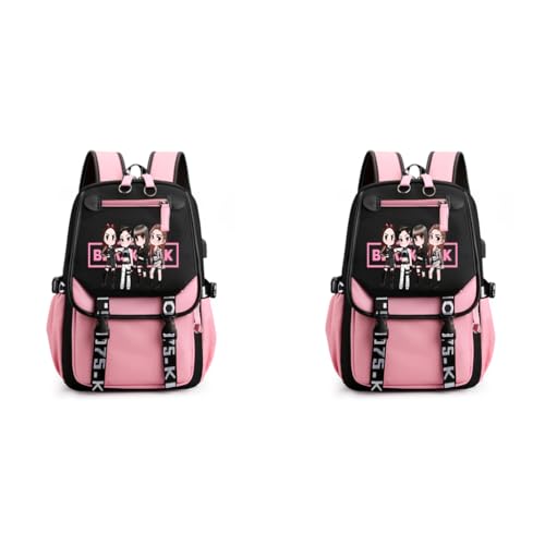 PALAY® Black Pink Bag for Girls School with USB Cable Jack Cute Backpacks Idol Print Design Laptop and Casual Student Accessories That Hold 16.8 Inch Books 2 PCS PALAY® Black Pink Bag for Girls School with USB Cable Jack Cute Backpacks Idol Print Design Laptop and Casual Student Accessories That Hold 16.8 Inch Books 2 PCS